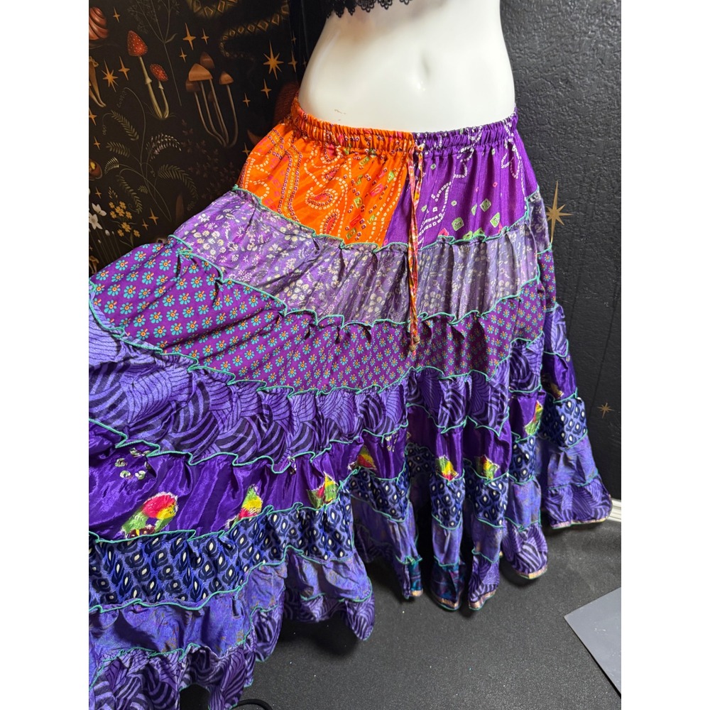 Wevez Silk Blend Patchwork Tiered Maxi Skirt Purple Orange Boho India 37in L